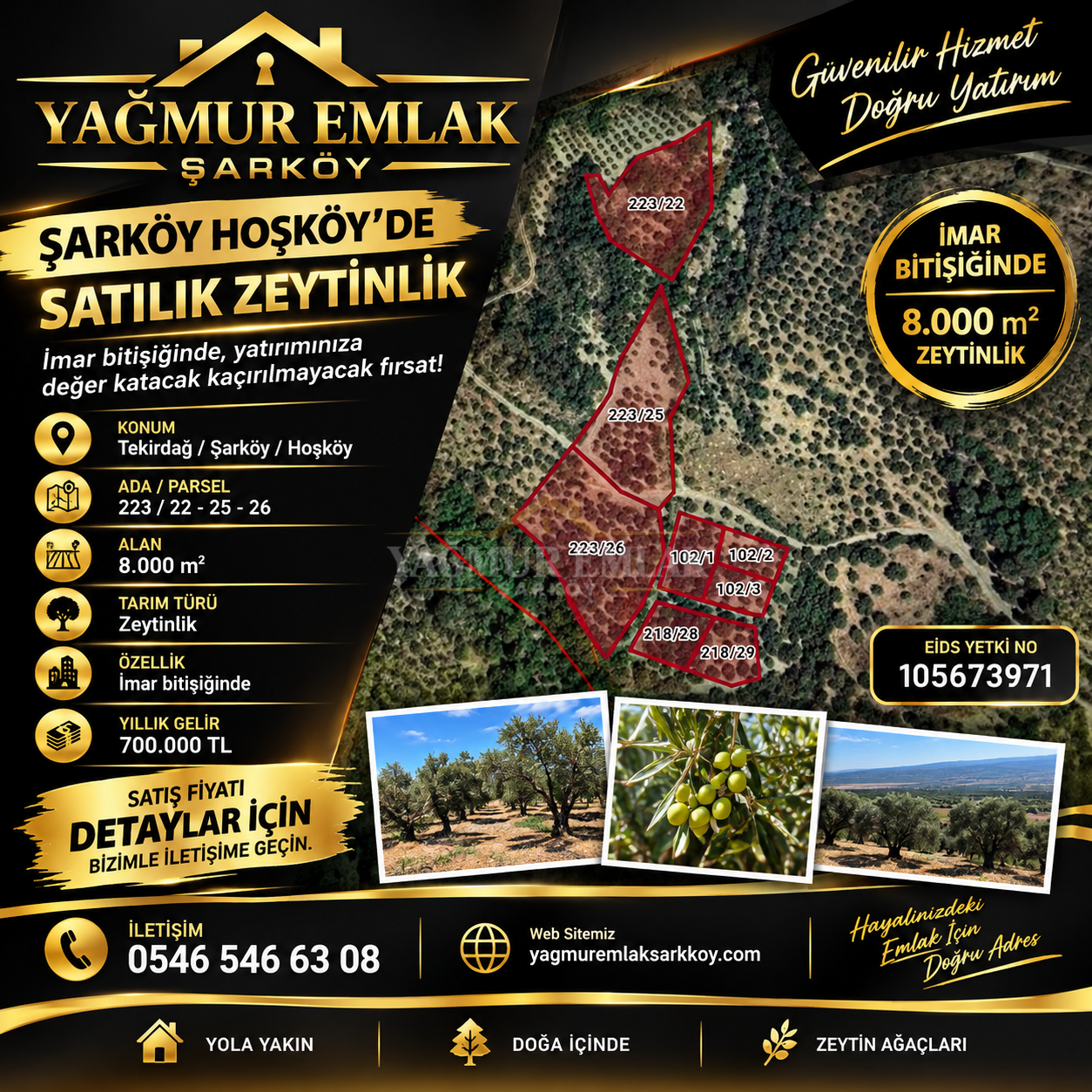 ŞARKÖY.HOŞKÖYDE İMAR BİTİŞİĞİ.8.000M.ZEYTİNLİK